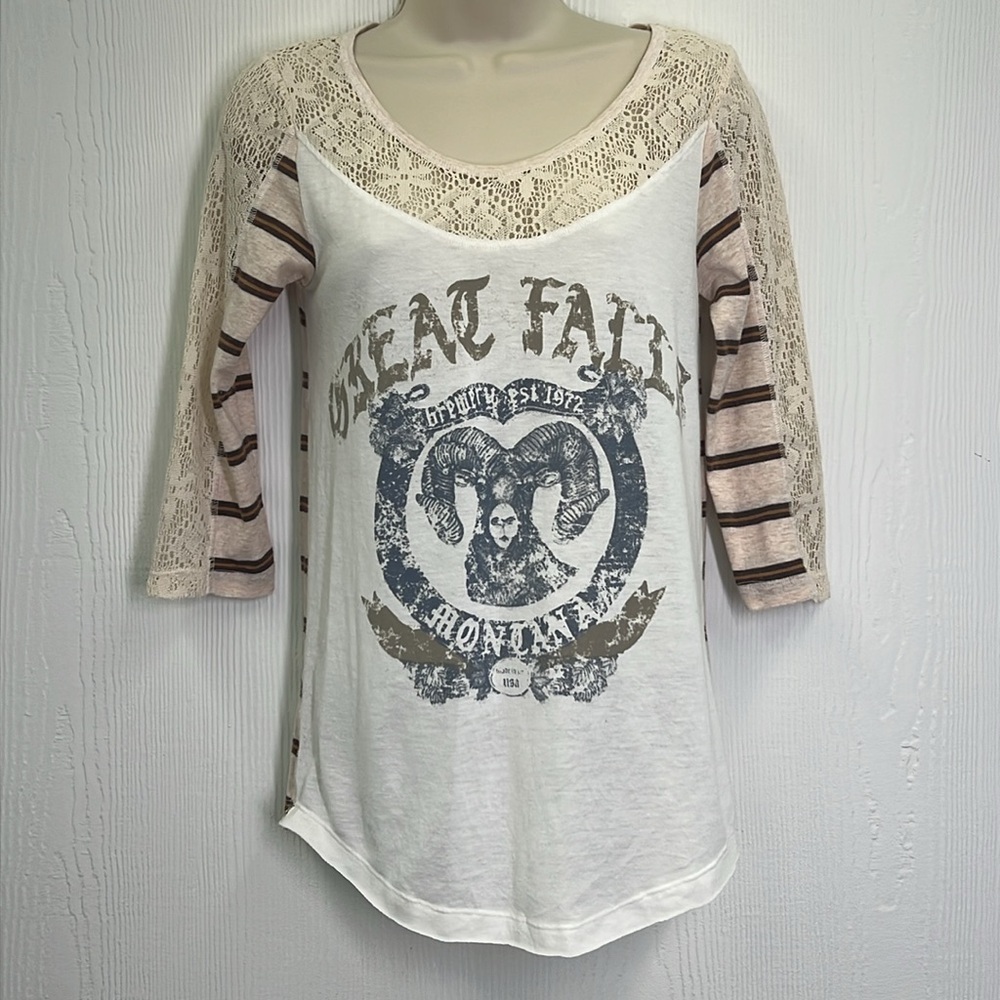 Free People - We The Free Great Falls Montana Stripe Lace Graphic Top Size Small - Picture 3 of 12